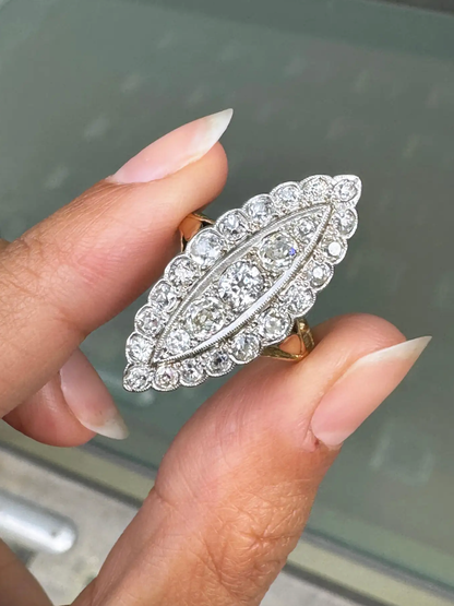 Old Mine Cut Diamond 18 Carat and Platinum Marquise Shape Cluster Ring, c1910