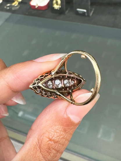 Old Mine Cut Diamond 18 Carat and Platinum Marquise Shape Cluster Ring, c1910