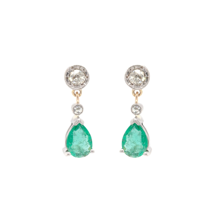 Emerald and Diamond 18 Carat White and Yellow Gold Drop Earrings