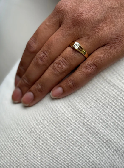 Old Mine Cut Diamond and 18 Carat Yellow Gold Solitaire Ring