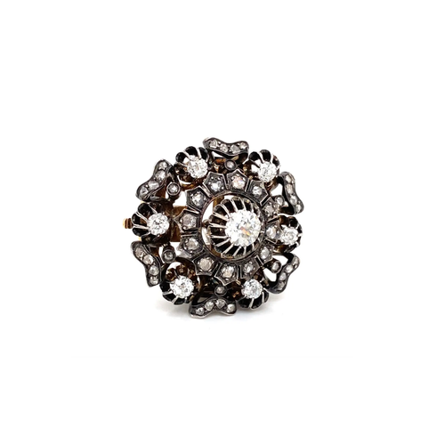 Victorian Old Mine Cut Diamond Silver on Gold Round Cluster Antique Brooch
