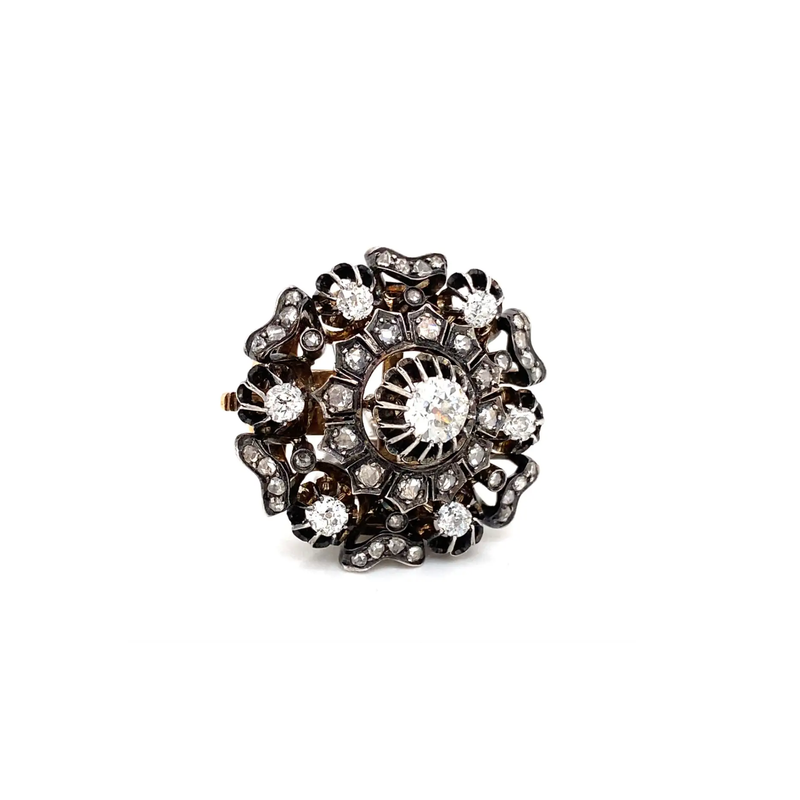Victorian Old Mine Cut Diamond Silver on Gold Round Cluster Antique Brooch