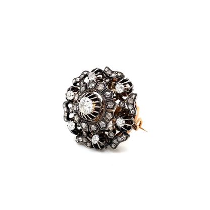 Victorian Old Mine Cut Diamond Silver on Gold Round Cluster Antique Brooch