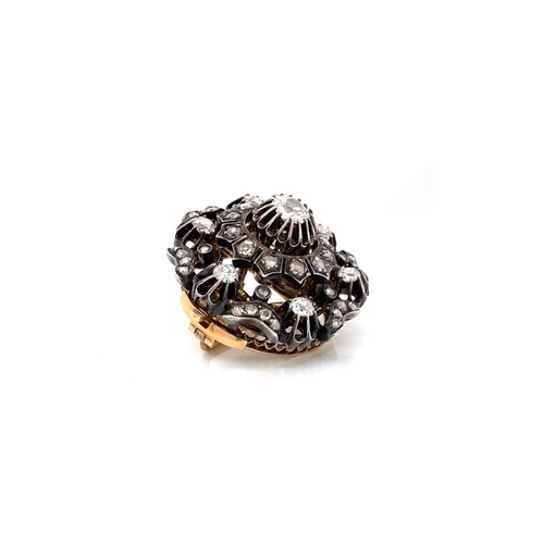 Victorian Old Mine Cut Diamond Silver on Gold Round Cluster Antique Brooch