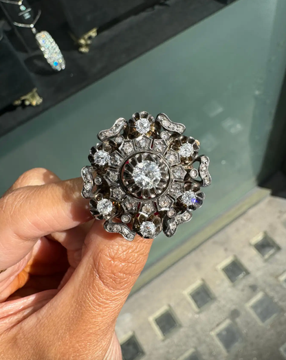 Victorian Old Mine Cut Diamond Silver on Gold Round Cluster Antique Brooch