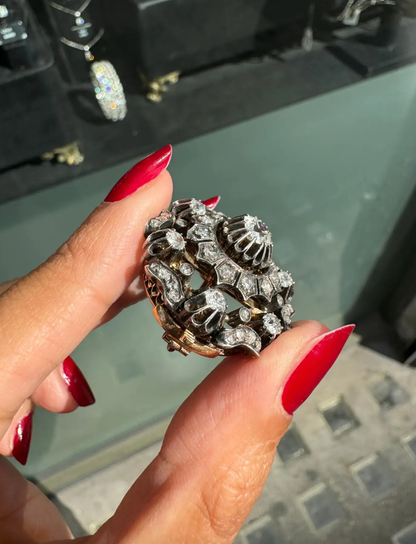 Victorian Old Mine Cut Diamond Silver on Gold Round Cluster Antique Brooch