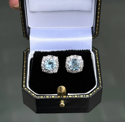 2.17 Carat Aquamarine and Diamond Cluster Stud Earrings in Palladium
