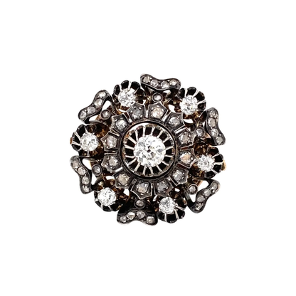 Victorian Old Mine Cut Diamond Silver on Gold Round Cluster Antique Brooch
