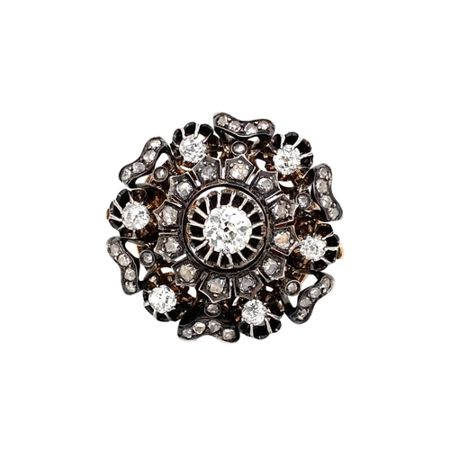 Victorian Old Mine Cut Diamond Silver on Gold Round Cluster Antique Brooch