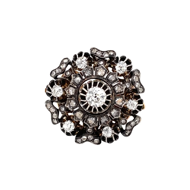Victorian Old Mine Cut Diamond Silver on Gold Round Cluster Antique Brooch
