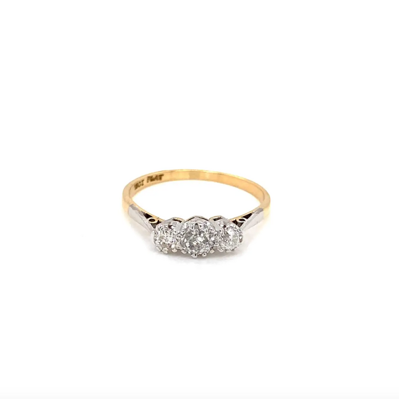 Antique Old Cut Diamond 18 Carat Yellow Gold and Platinum Three-Stone Ring