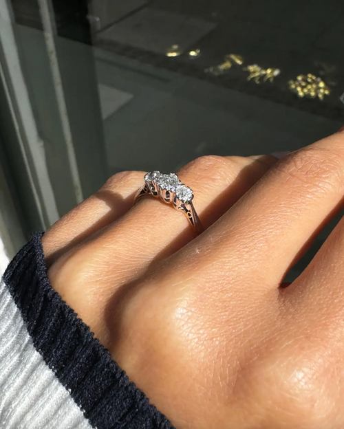 Antique Old Cut Diamond 18 Carat Yellow Gold and Platinum Three-Stone Ring