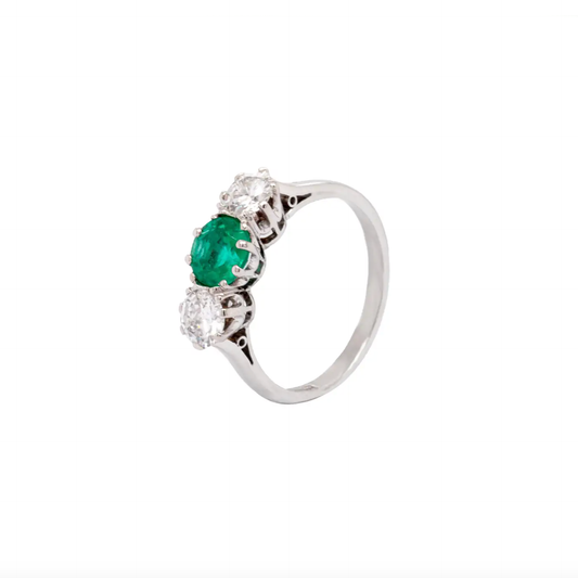 Antique 0.95 Carat Emerald and Diamond Three Stone Platinum Ring