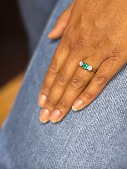 Antique 0.95 Carat Emerald and Diamond Three Stone Platinum Ring