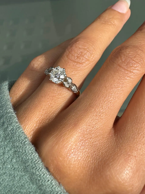 Antique 1.02ct Old Mine Cut Diamond 18K White Gold & Platinum Engagement Ring