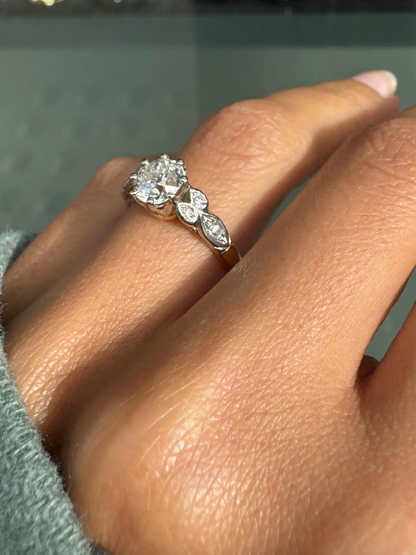 1.02ct Antique Old Mine Cut Diamond 18K White Gold & Platinum Engagement Ring