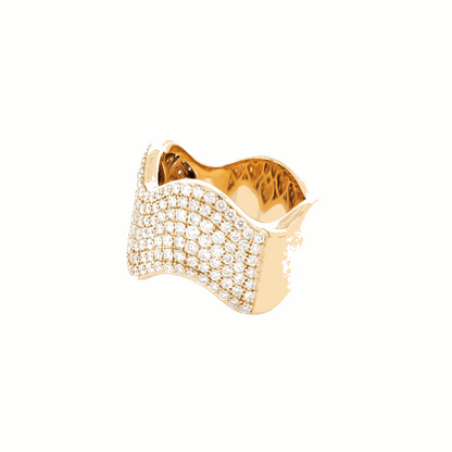 Pavé Diamond and 18 Carat Yellow Gold Wave Style Wide Band Ring