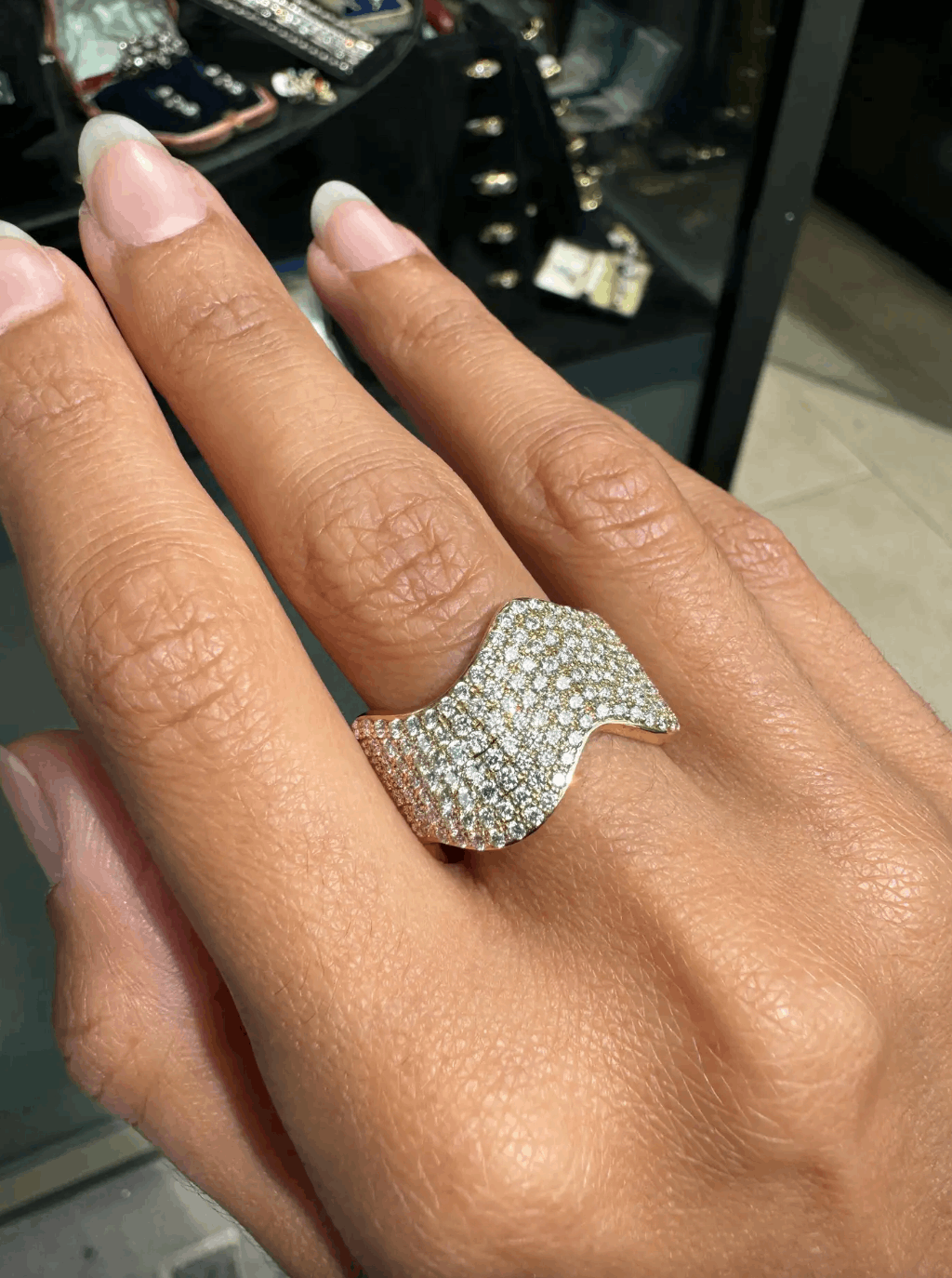 Pavé Diamond and 18 Carat Yellow Gold Wave Style Wide Band Ring