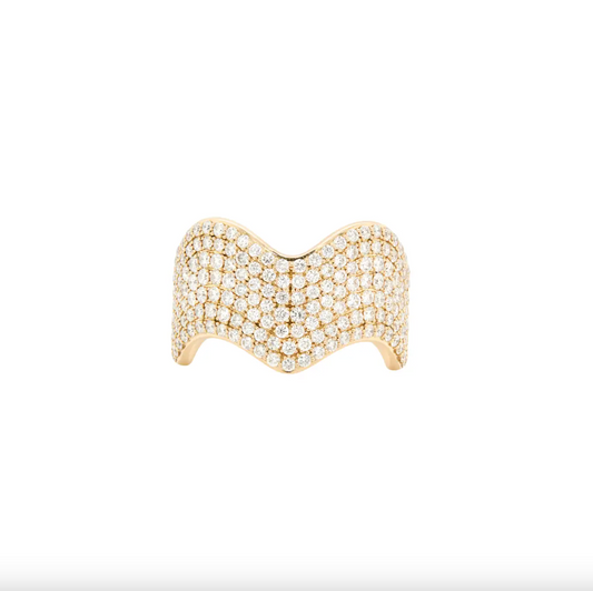 Pavé Diamond and 18 Carat Yellow Gold Wave Style Wide Band Ring