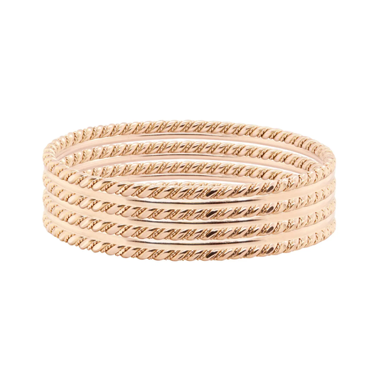 Vintage Set of Seven Smooth & Twisted Rope Bangle Bracelets in 18K Rose Gold