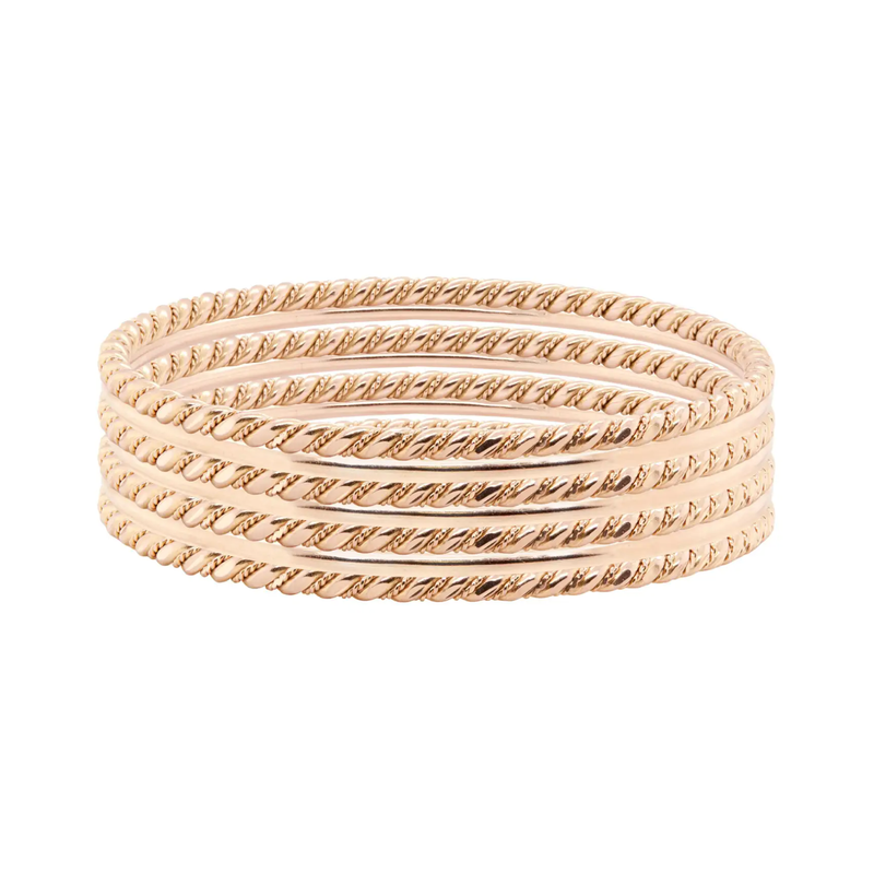 Vintage Set of Seven Smooth & Twisted Rope Bangle Bracelets in 18K Rose Gold