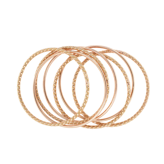 Vintage Set of Seven Smooth & Twisted Rope Bangle Bracelets in 18K Rose Gold