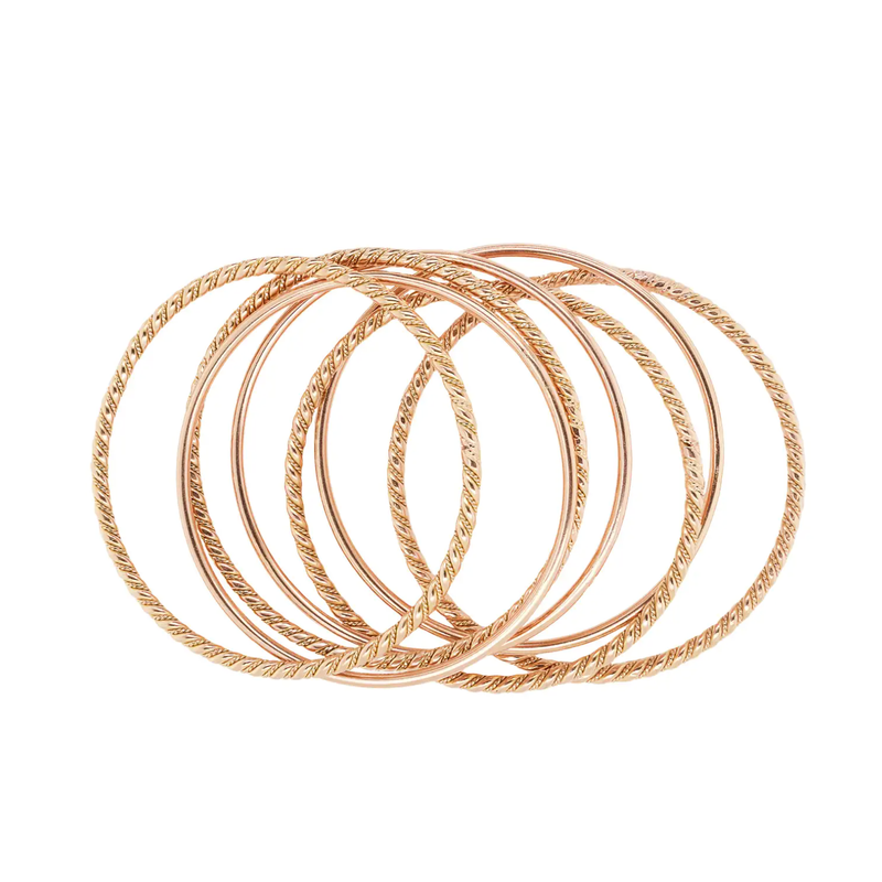 Vintage Set of Seven Smooth & Twisted Rope Bangle Bracelets in 18K Rose Gold