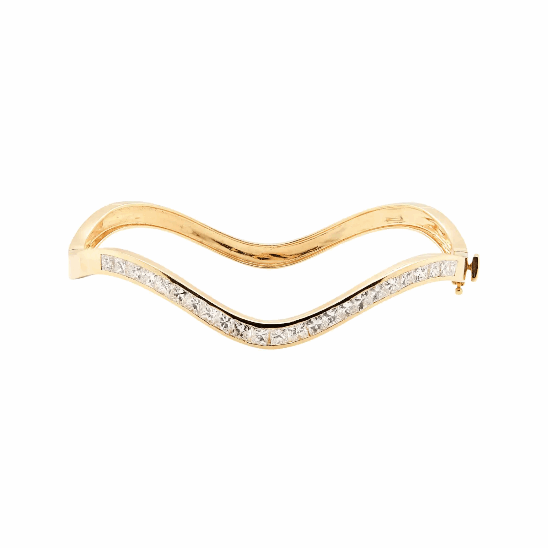 Princess Cut Diamond and 18 Carat Yellow Gold Thin Wave Bangle Bracelet