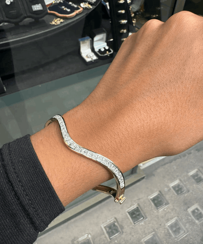 Princess Cut Diamond and 18 Carat Yellow Gold Thin Wave Bangle Bracelet