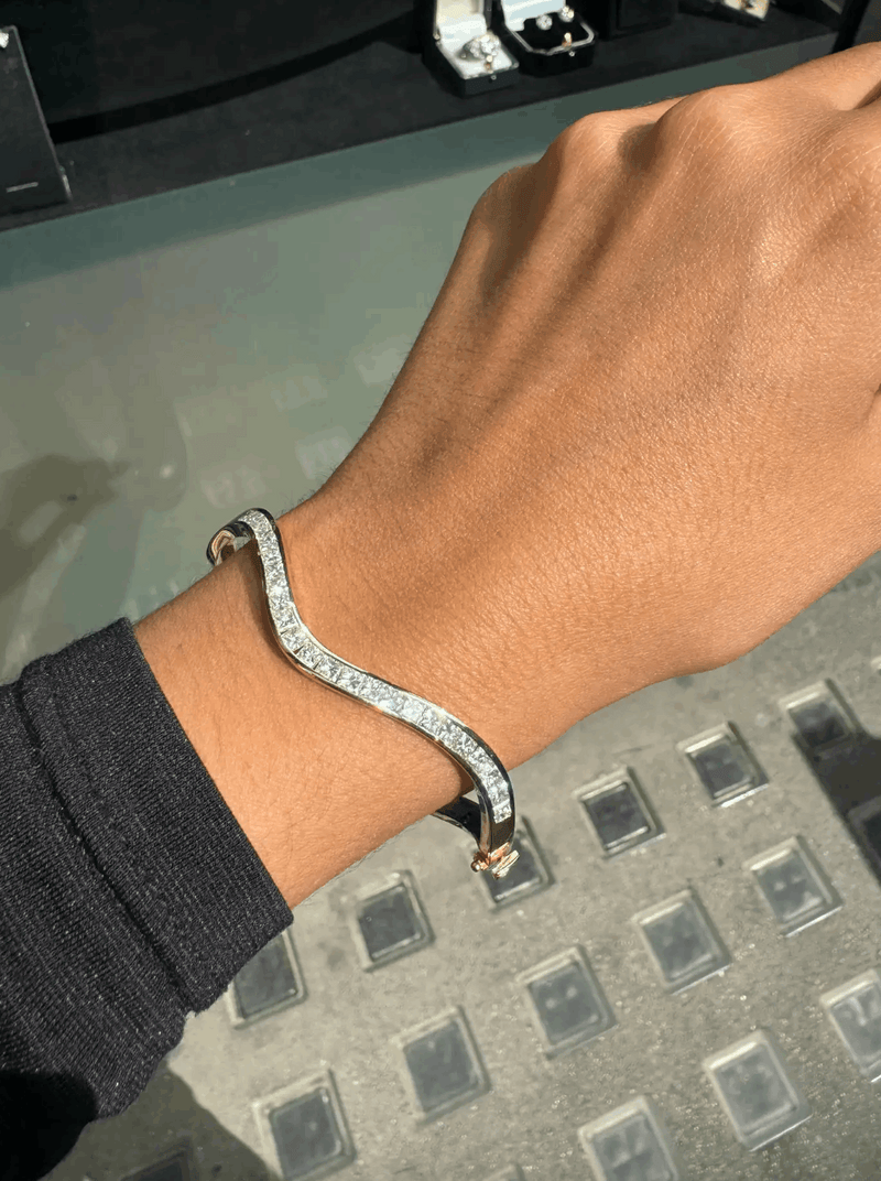 Princess Cut Diamond and 18 Carat Yellow Gold Thin Wave Bangle Bracelet