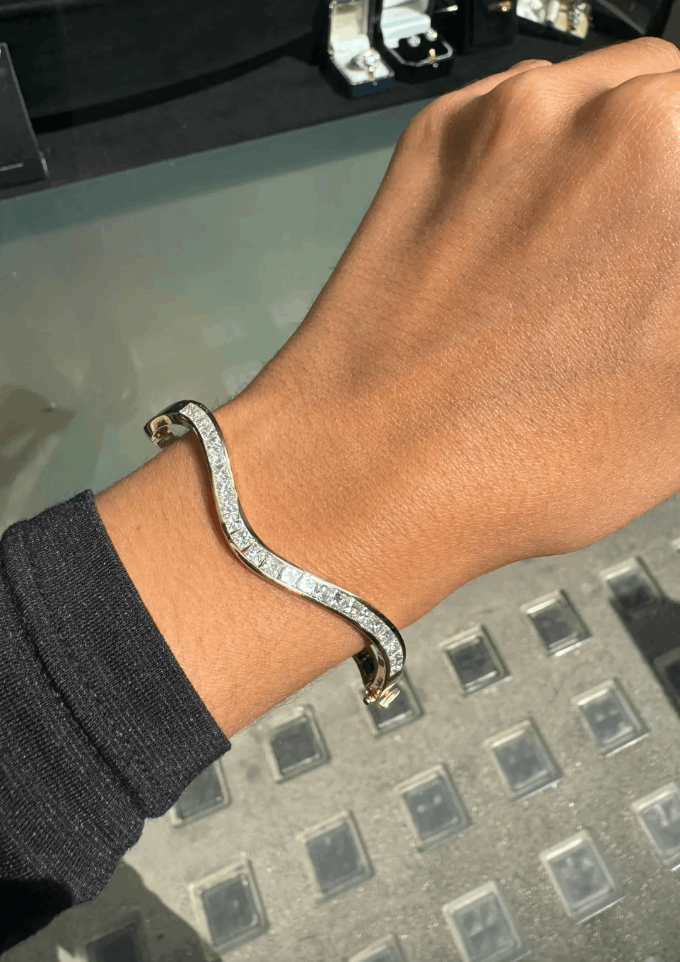 Princess Cut Diamond and 18 Carat Yellow Gold Thin Wave Bangle Bracelet