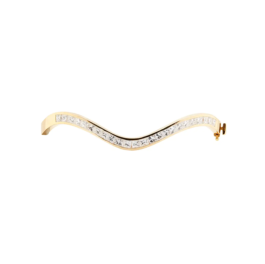 Princess Cut Diamond and 18 Carat Yellow Gold Thin Wave Bangle Bracelet