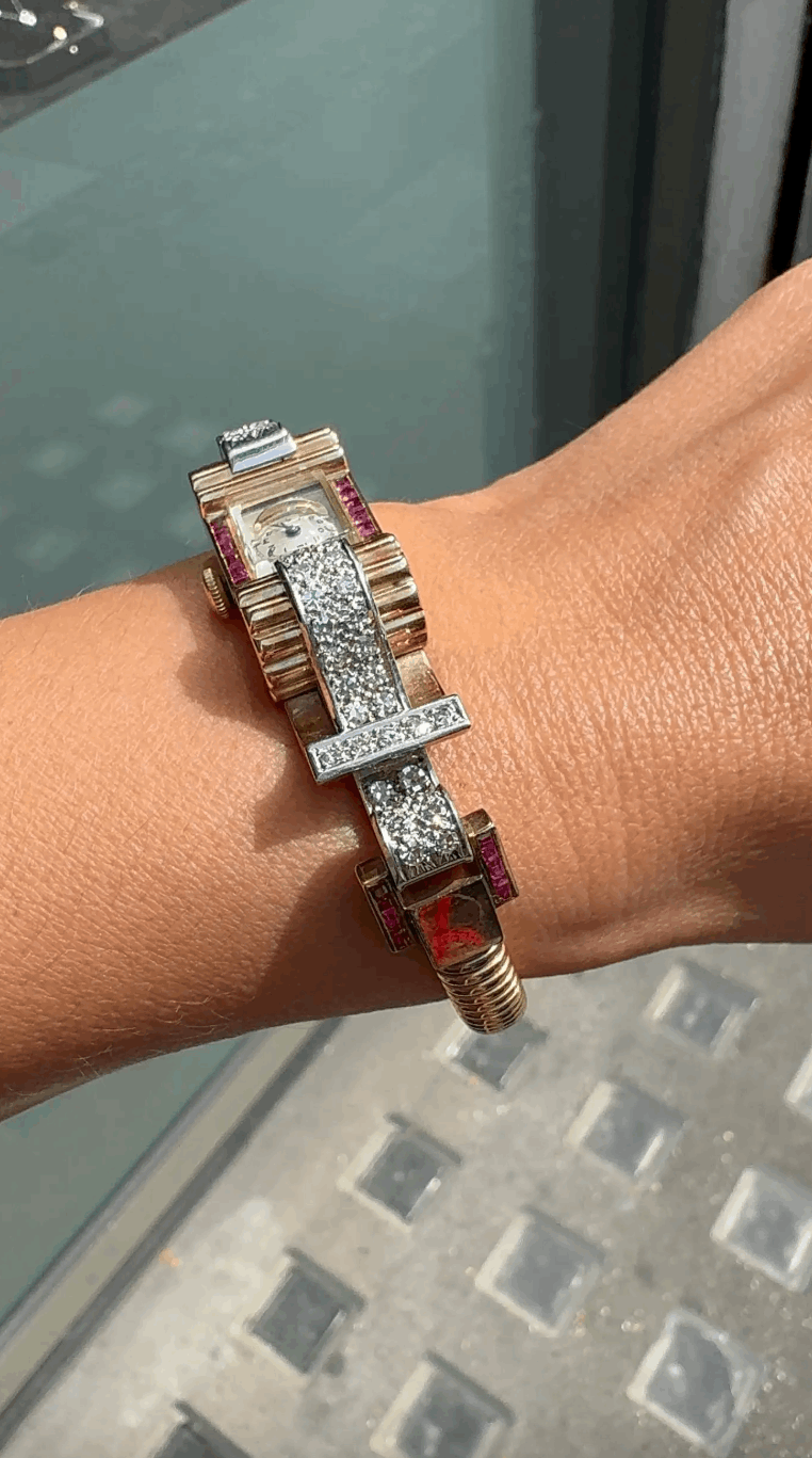 Vintage Ruby and Diamond 9 Carat Gold Retro Cocktail Wristwatch, circa 1950s