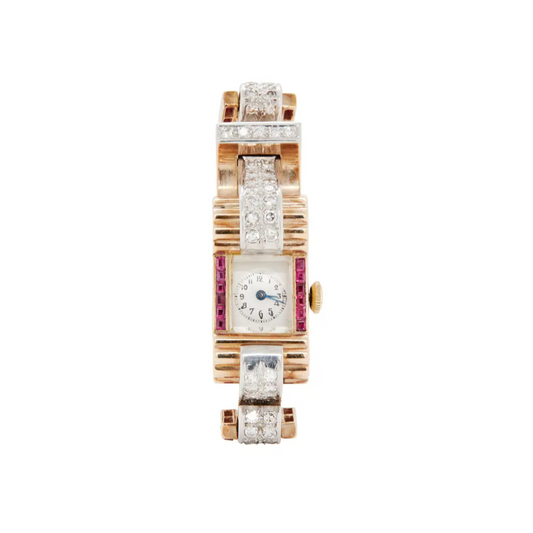 Vintage Ruby and Diamond 9 Carat Gold Retro Cocktail Wristwatch, circa 1950s