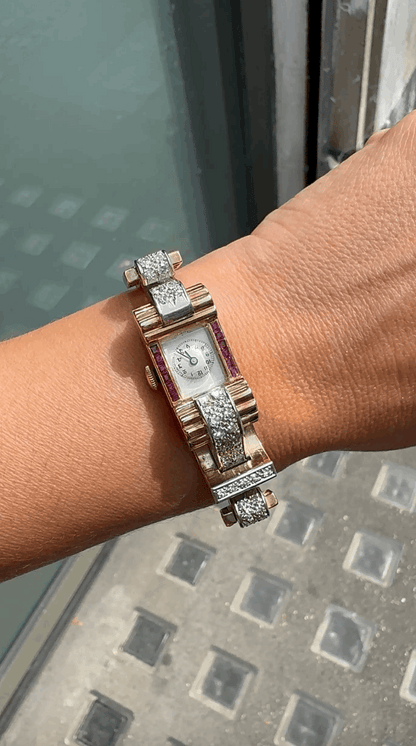 Vintage Ruby and Diamond 9 Carat Gold Retro Cocktail Wristwatch, circa 1950s