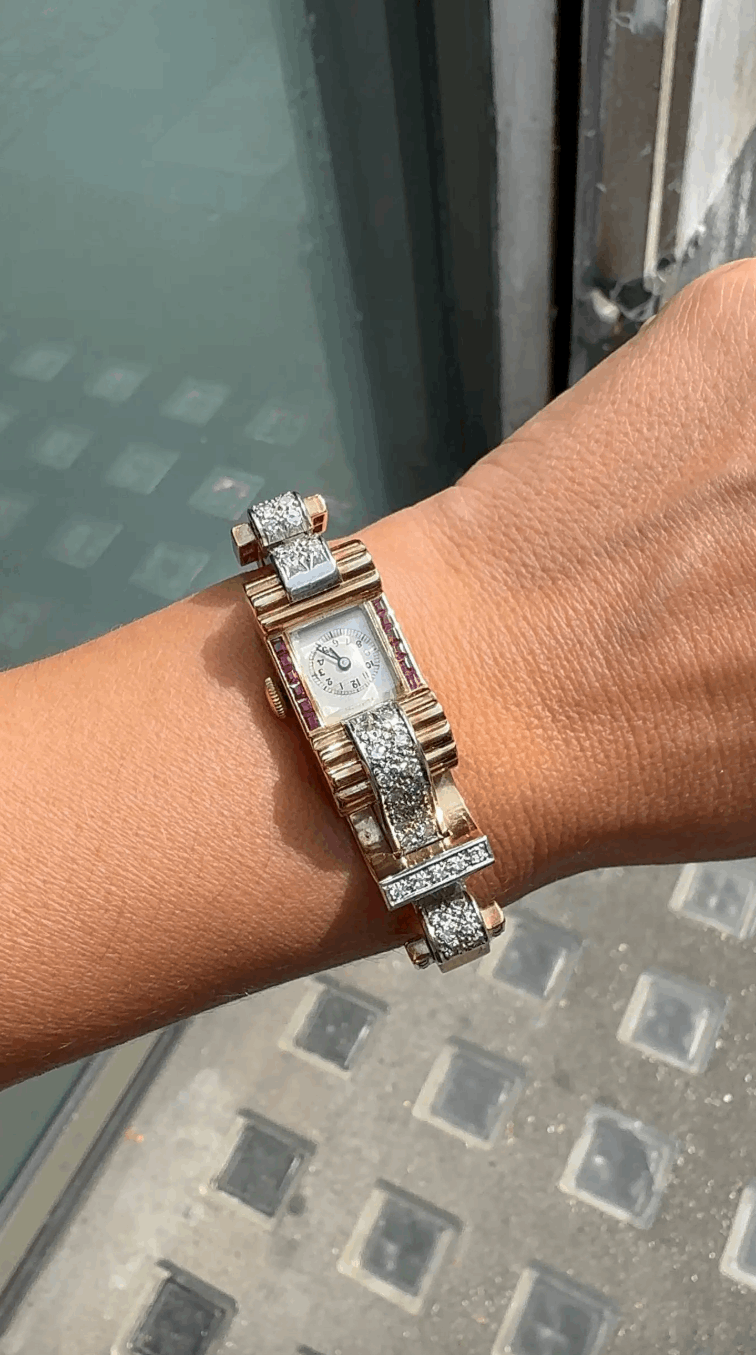 Vintage Ruby and Diamond 9 Carat Gold Retro Cocktail Wristwatch, circa 1950s