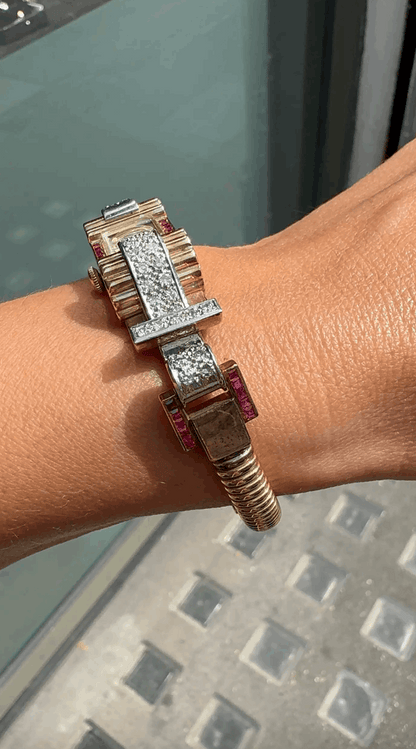 Vintage Ruby and Diamond 9 Carat Gold Retro Cocktail Wristwatch, circa 1950s