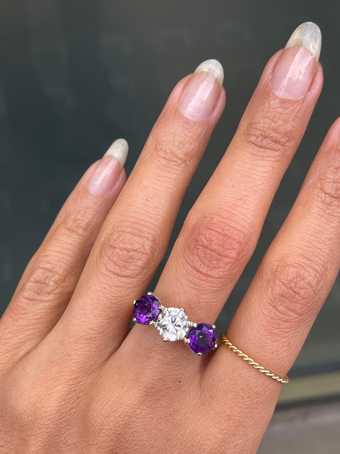 18ct Gold Diamond and Amethyst Three Stone Ring