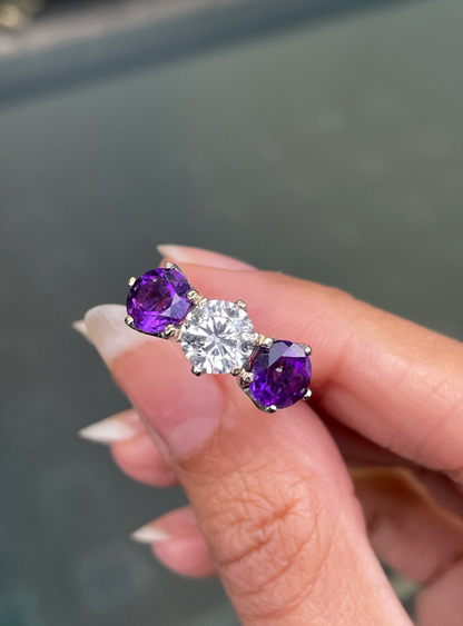 18ct Gold Diamond and Amethyst Three Stone Ring