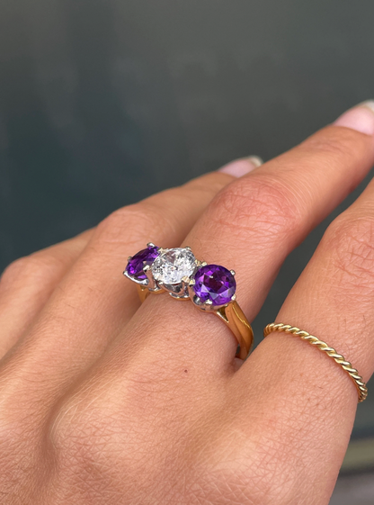 18ct Gold Diamond and Amethyst Three Stone Ring