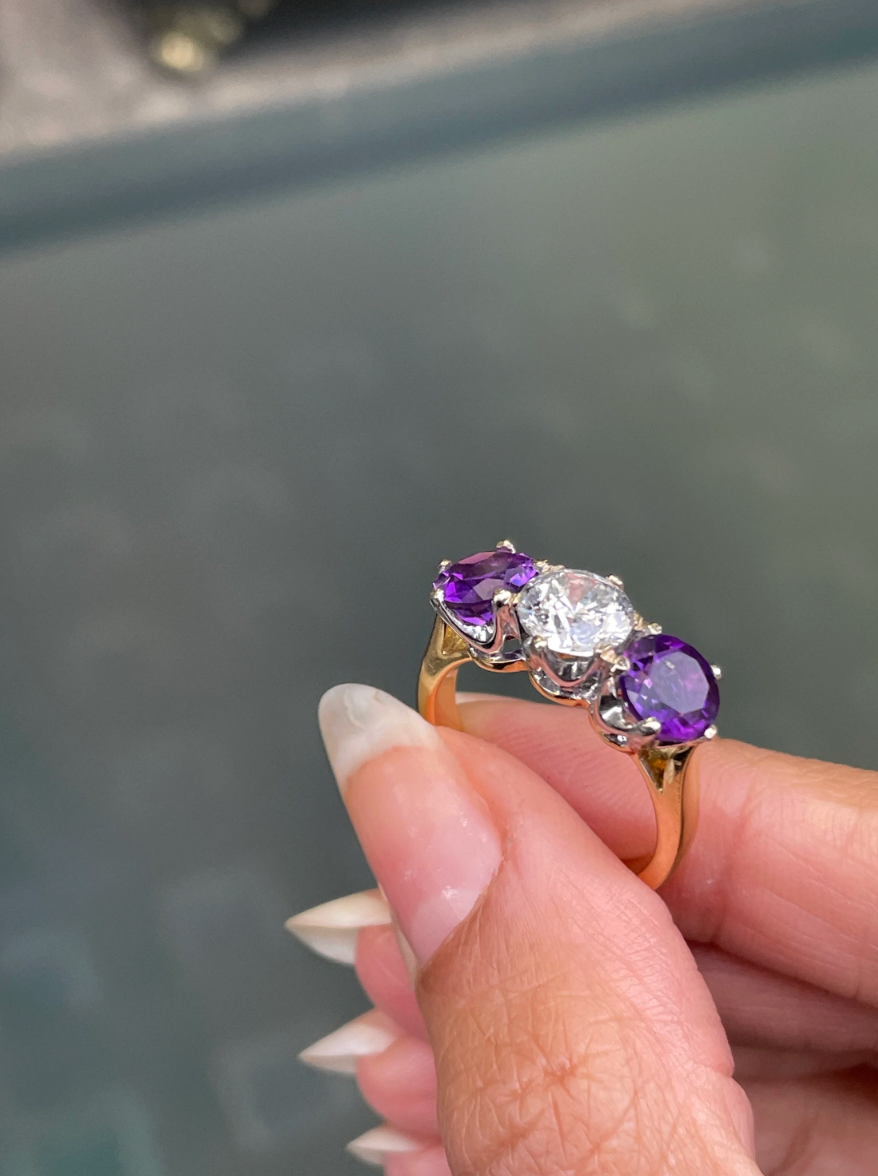 18ct Gold Diamond and Amethyst Three Stone Ring