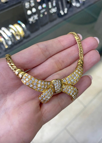 Vintage Diamond and 18 Carat Yellow Gold Large Bow Motif Necklace