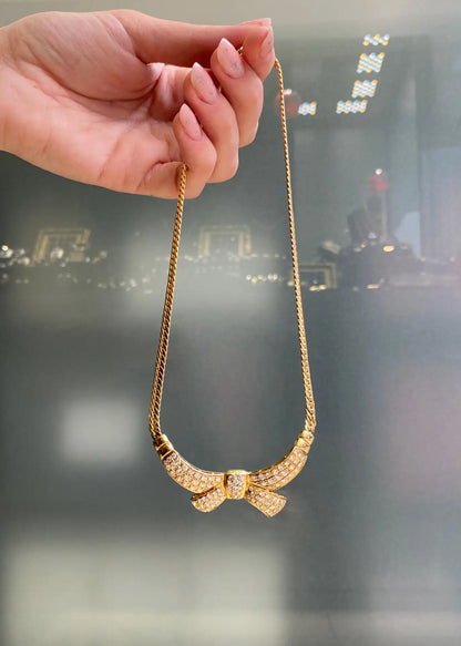 Vintage Diamond and 18 Carat Yellow Gold Large Bow Motif Necklace