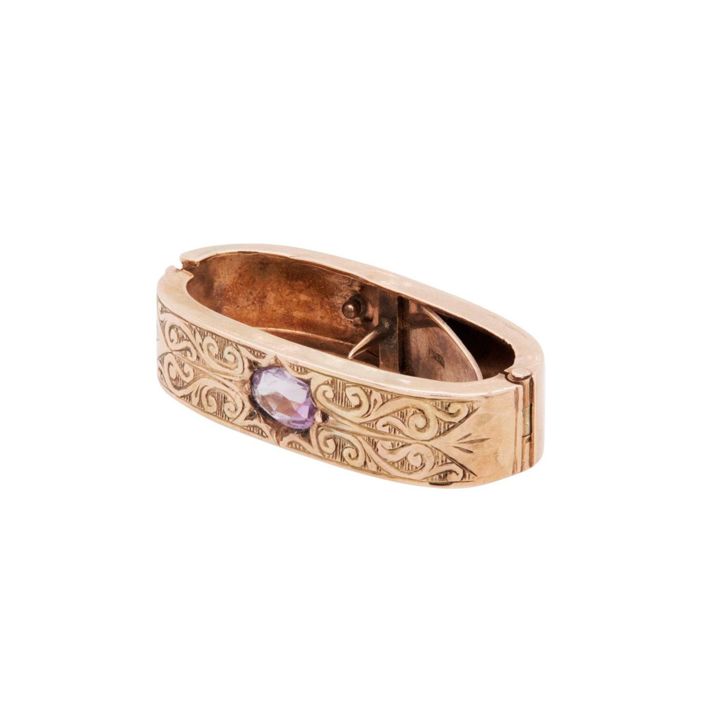 Antique Oval Amethyst and 9 Carat Yellow Gold Hand Engraved Scarf Clip, 1899