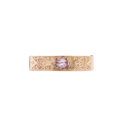 Antique Oval Amethyst and 9 Carat Yellow Gold Hand Engraved Scarf Clip, 1899