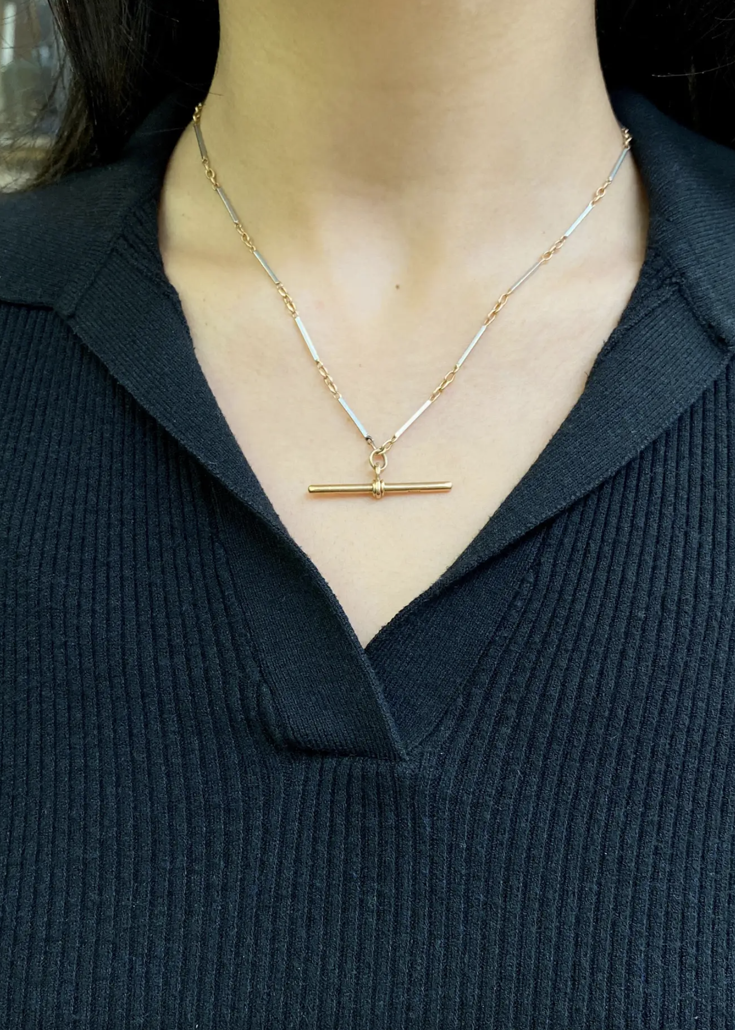 Antique 18 Carat Rose Gold and Platinum Two-Tone Bar Link Chain with T-Bar