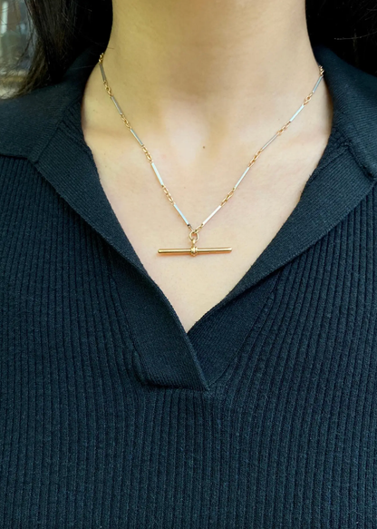 Antique 18 Carat Rose Gold and Platinum Two-Tone Bar Link Chain with T-Bar