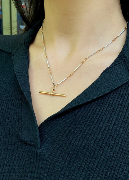 Antique 18 Carat Rose Gold and Platinum Two-Tone Bar Link Chain with T-Bar
