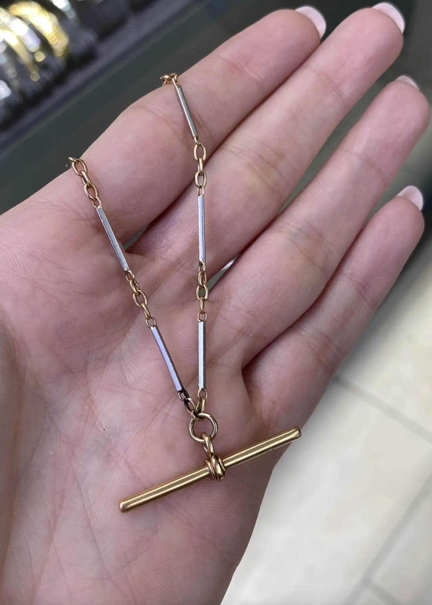 Antique 18 Carat Rose Gold and Platinum Two-Tone Bar Link Chain with T-Bar