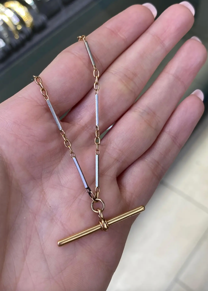 Antique 18 Carat Rose Gold and Platinum Two-Tone Bar Link Chain with T-Bar